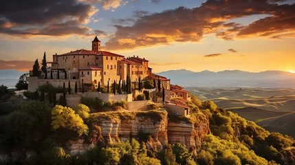 Foto op Canvas European Village landscape, from the coastal charm to scenic vineyards and historic villages, culminating in a serene sunset. Celebrate the timeless essence of European countryside. © AlexRillos