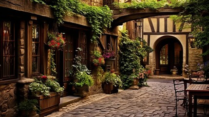 Fototapeta premium European Village landscape, from the coastal charm to scenic vineyards and historic villages, culminating in a serene sunset. Celebrate the timeless essence of European countryside.