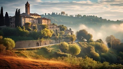Stoff pro Meter European Village landscape, from the coastal charm to scenic vineyards and historic villages, culminating in a serene sunset. Celebrate the timeless essence of European countryside. © AlexRillos