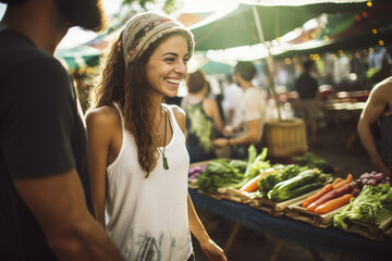 Lifestyle shots of people enjoying a vegan lifestyle, including shopping at farmers' markets and choosing eco-friendly products. Generative Ai