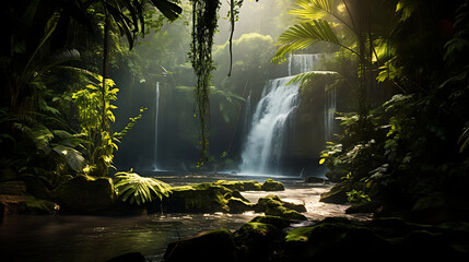 a hidden tropical waterfall in a lush rainforest, with cascading water, vibrant green foliage, and the play of light and shadow, capturing the allure of exotic destinations