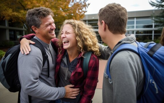 Teenager leaving to a college is hugging parents for goodbye