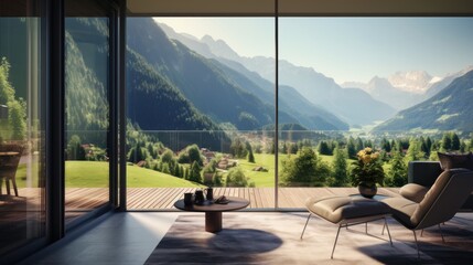 View from modern apartment to breathtaking mountain landscape with vegetation