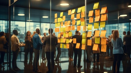 sticky note on brainstorming board at business office. - obrazy, fototapety, plakaty