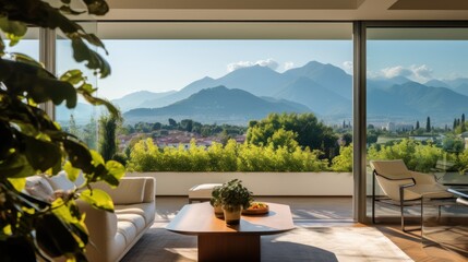 Obraz premium View from modern apartment to breathtaking mountain landscape with vegetation