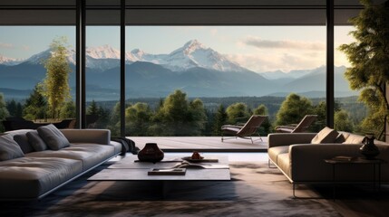 View from modern apartment to breathtaking mountain landscape with vegetation