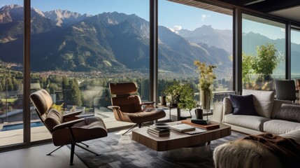 Fototapeta na wymiar View from modern apartment to breathtaking mountain landscape with vegetation