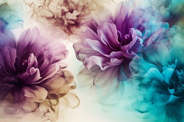 Stunning abstract misty morning floral background in turquoise, purple, and beige. Generative AI