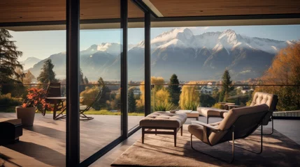 Foto auf Acrylglas View from modern apartment to breathtaking mountain landscape with vegetation © Damian Sobczyk