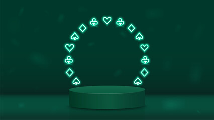 An empty 3D podium with a neon frame of suits of cards for poker diamonds, spades, crosses and hearts on a green background. A concept for a casino.
