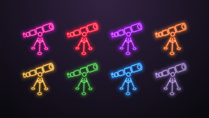 A set of neon telescope icons in different colors on a dark background. Logo for science.