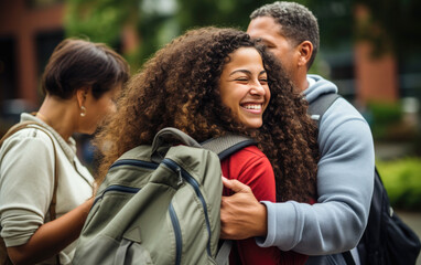Teenager leaving to a college is hugging parents for goodbye