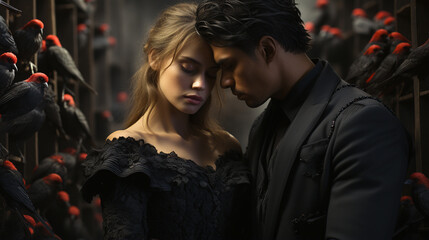 couple in black clothes with red rose and gothic elements - obrazy, fototapety, plakaty