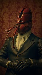 Anthropomorphic lobster victorian portrait with vintage wallpaper background