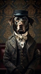 Anthropomorphic labrador dog with victorian outfit and wallpaper