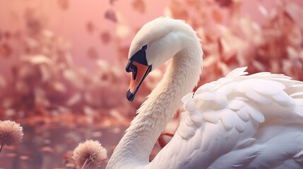 Swan in autumn flowers and leaves fall decoration background