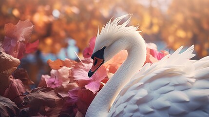 Swan in autumn flowers and leaves fall decoration background