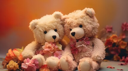 Two wedding plush bears in autumn decoration with solid pastel background