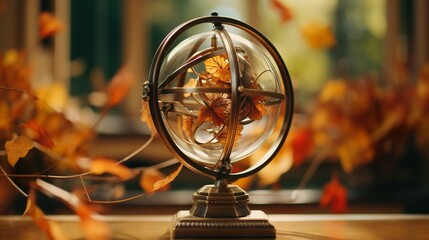 Autumn decoration of brass victorian armillary sphere with leaves inside in the fall