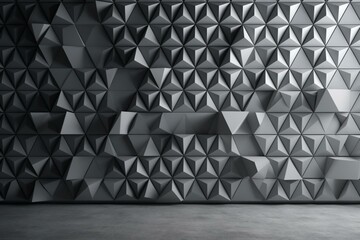 Arranged triangular tiles form a futuristic wall against a semigloss concrete block background. 3D rendered. Generative AI