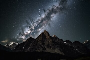Mesmerizing nighttime view of a majestic mountain set against a sparkling starlit sky. Generative AI - obrazy, fototapety, plakaty