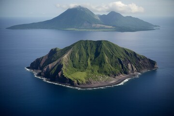 An island dominated by a majestic volcano. Generative AI - obrazy, fototapety, plakaty