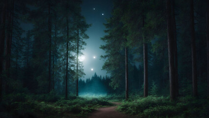 Obraz premium forest at night with moonlight