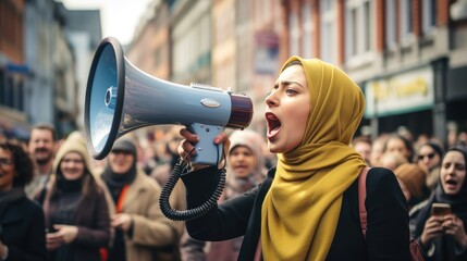 Muslim woman with a megaphone at a demonstration. fighting for rights and peace. No war - obrazy, fototapety, plakaty
