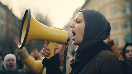 Muslim woman with a megaphone at a demonstration. fighting for rights and peace. No war - obrazy, fototapety, plakaty