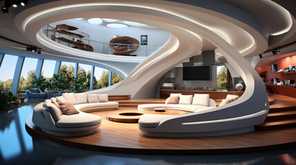 Fototapeta premium Luxury interior design of a modern building. 3d render of interior of modern office building. 3d illustration