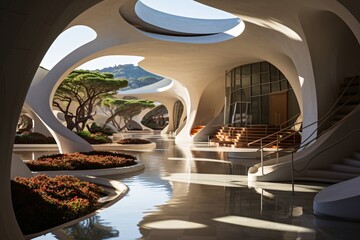 Luxury interior design of a modern building. 3d render of interior of modern office building. 3d illustration