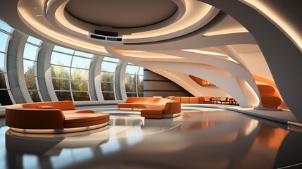 Fototapeta premium Luxury interior design of a modern building. 3d render of interior of modern office building. 3d illustration