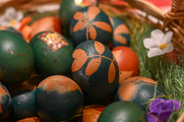 A basket full of eggs, painted blue. Coloring eggs for the Orthodox Easter holiday. Decorating eggs with plants.