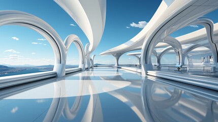 Fototapeta premium Luxury interior design of a modern building. 3d render of interior of modern office building. 3d illustration