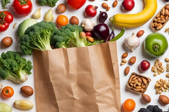Frisches Gemüse und Obst, Papiertüte mit gesunder Nahrung, Einkaufstasche mit Lebensmitteln