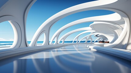 Fototapeta premium Luxury interior design of a modern building. 3d render of interior of modern office building. 3d illustration