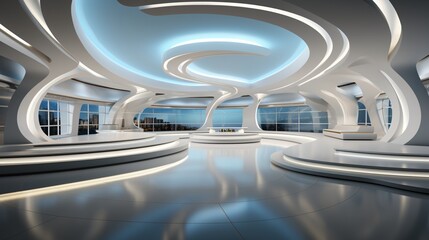 Luxury interior design of a modern building. 3d render of interior of modern office building. 3d illustration
