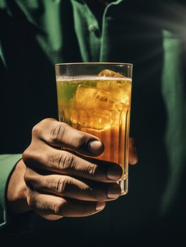 A mans hand holding a glass with jouce