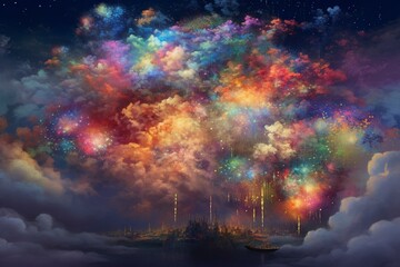 Artistic depiction of colourful fireworks bursting in the sky alongside clouds. Generative AI