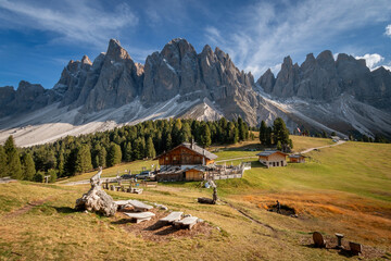 Scenic view of Geisler Alm Rifugio delle Odle in front of Geisler cinema dolomites mountains, South...