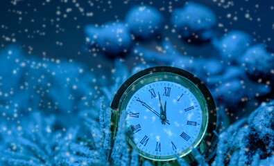 Obraz na płótnie Canvas Happy New Years 2024. Winter Celebration With Dial Clock On Snow And Light