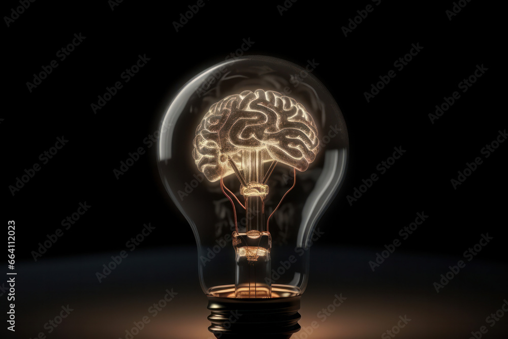 Poster light bulb with a glowing brain inside symbolizes the power of our cognitive abilities and the conce