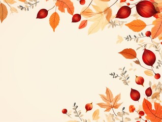 thankful thanksgiving greeting card on a beige background with leaves and acorns Generative Ai