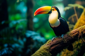 Keeled toucan, Ramphastos sulfuratus sitting on a branch in the rain forest of Costa Rica. Wild nature.