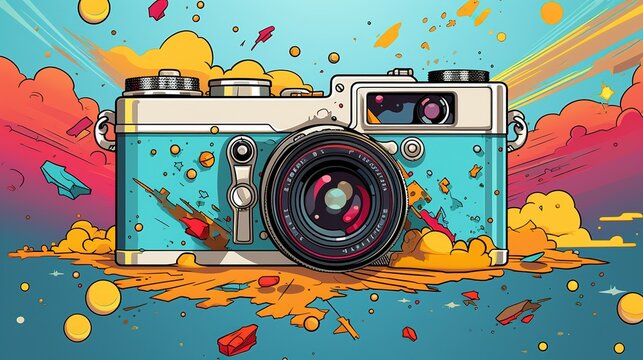 an animated watercolor illustration of a camera. Fantasy concept , Illustration painting.