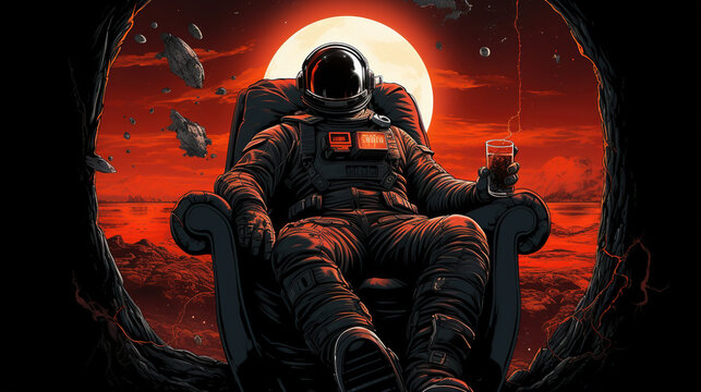 An astronaut is sitting in a chair with a cocktail in his hands against the background of Sunrise. Fantasy concept , Illustration painting.