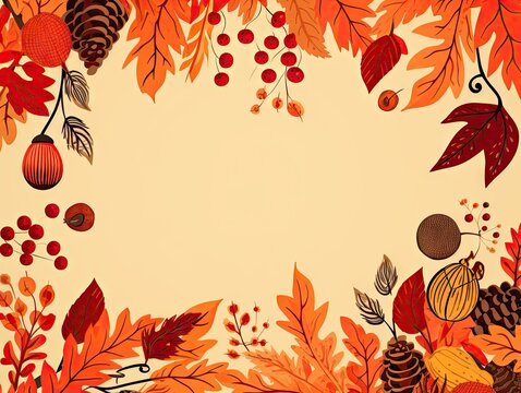 thankful thanksgiving greeting card on a beige background with leaves and acorns Generative Ai