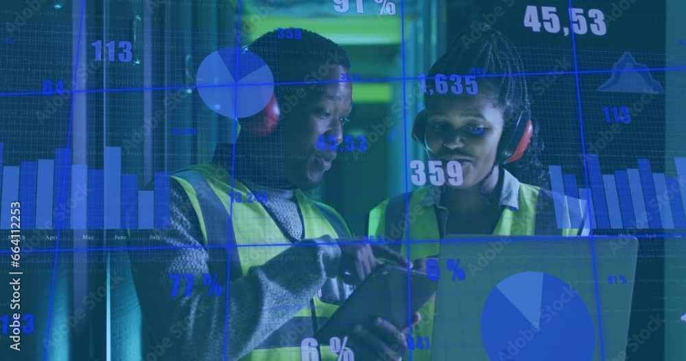 Poster animation of data processing over diverse male it technicians working by computer servers