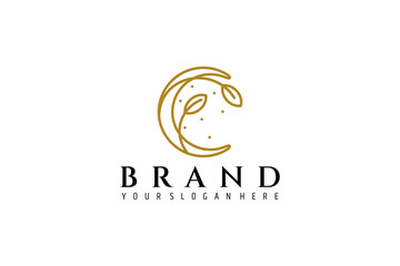 Crescent line art illustration logo design with plant combination