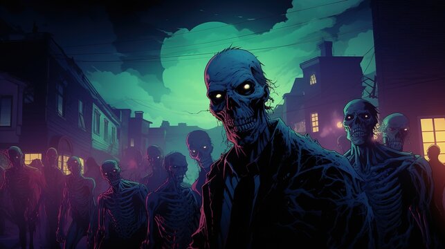 a series of zombies walking down the street. Fantasy concept , Illustration painting.